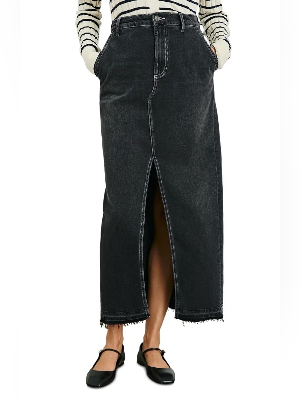 NWT 🐈‍⬛ RAILS Black High-Waist Denim Maxi Skirt with Front Slit size 31